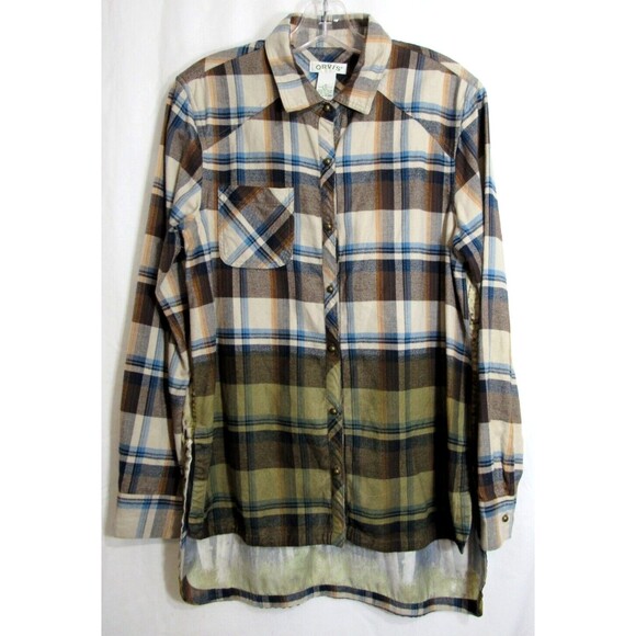 Orvis Plaid Flannel Front Woods Forest Tree Scene Back Button Down Shirt M EUC - Picture 2 of 5